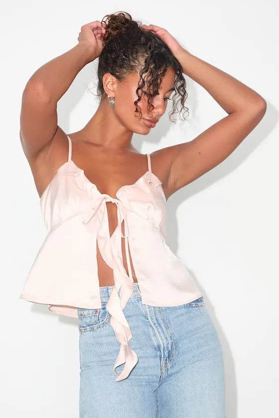 Elsie Blush Satin Tie-Front Ruffled Cami Top sold by Lulus product image thumbnail 4