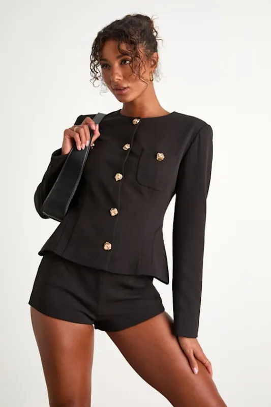 Lynn Black Rosette Button-Front Blazer sold by Lulus