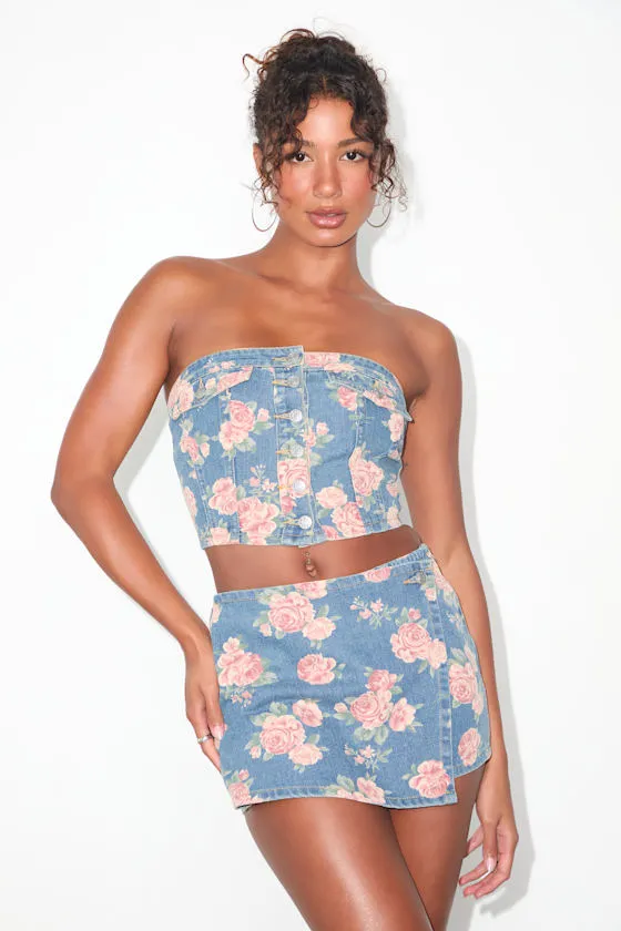 Ophirah Light Wash Floral Denim Strapless Crop Top sold by Lulus product image thumbnail 2