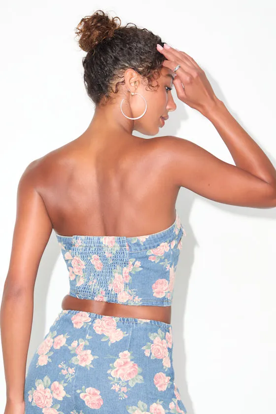 Ophirah Light Wash Floral Denim Strapless Crop Top sold by Lulus product image thumbnail 3