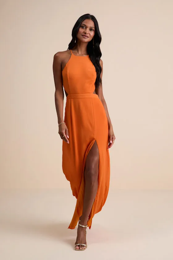 Nettie Orange Halter Backless Maxi Dress sold by Lulus