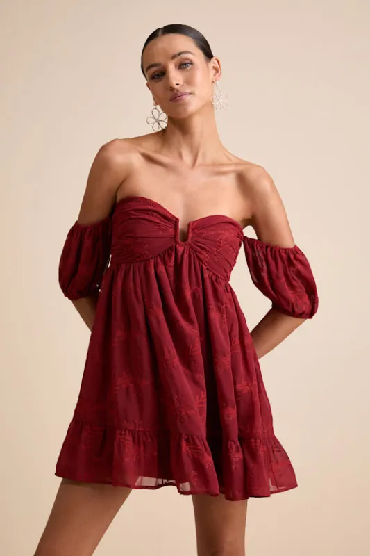 Cutest Icon Rust Red Embroidered Off-the-Shoulder Mini Dress sold by Lulus