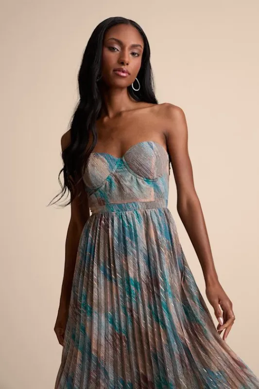 Juniva Teal Multi Abstract Print Pleated Bustier Midi Dress sold by Lulus