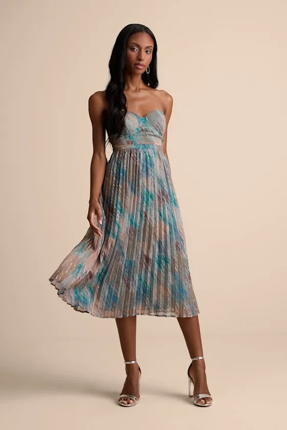 Juniva Teal Multi Abstract Print Pleated Bustier Midi Dress sold by Lulus product image thumbnail 2