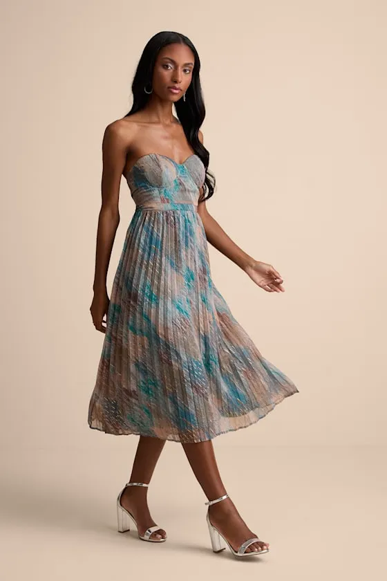 Juniva Teal Multi Abstract Print Pleated Bustier Midi Dress sold by Lulus product image thumbnail 3