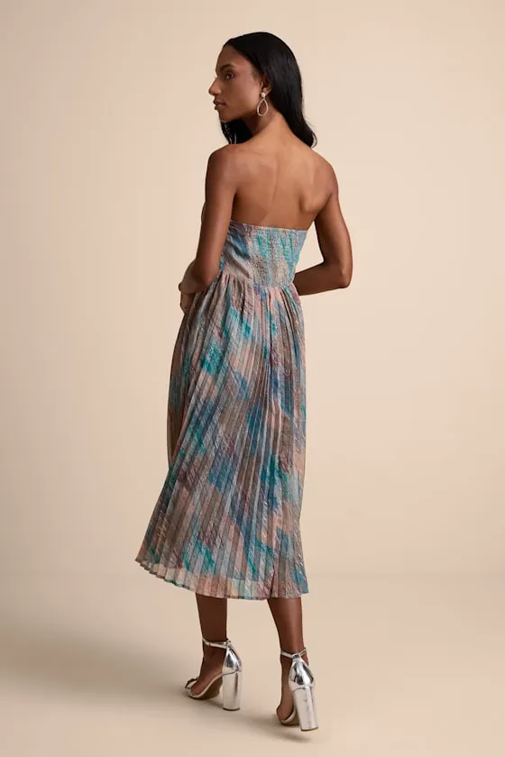 Juniva Teal Multi Abstract Print Pleated Bustier Midi Dress sold by Lulus product image thumbnail 4