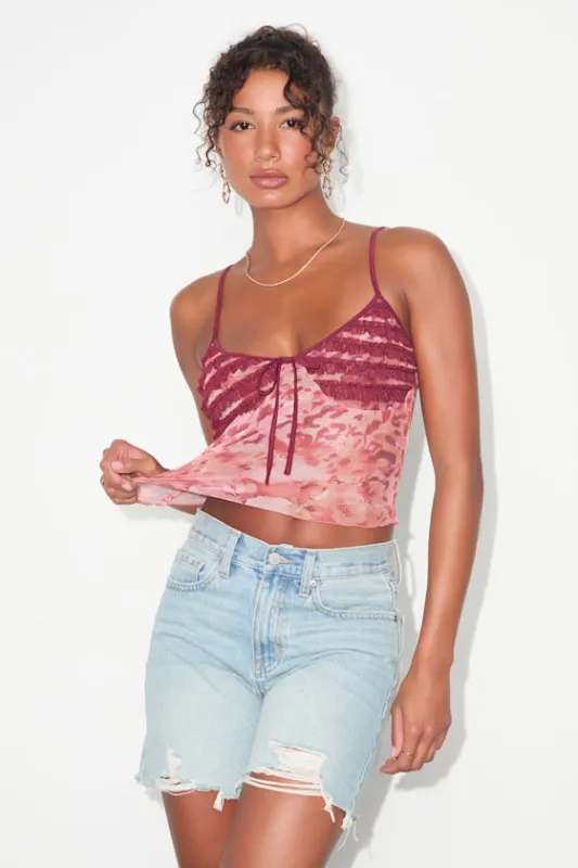 Taisiya Pink and Burgundy Ruffled Mesh Cami Top sold by Lulus