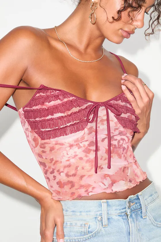 Taisiya Pink and Burgundy Ruffled Mesh Cami Top sold by Lulus product image thumbnail 2
