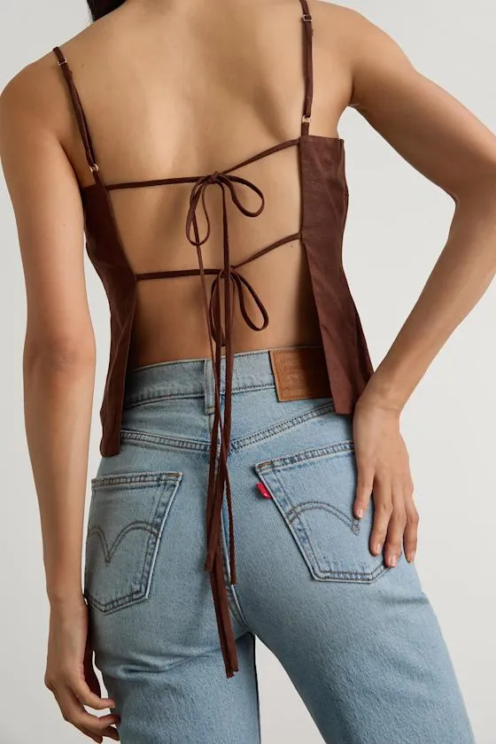 Wrynn Chocolate Brown Linen Tie-Back Tank Top sold by Lulus product image thumbnail 4