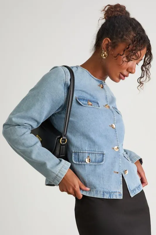 Jen Light Wash Button-Up Denim Jacket sold by Lulus