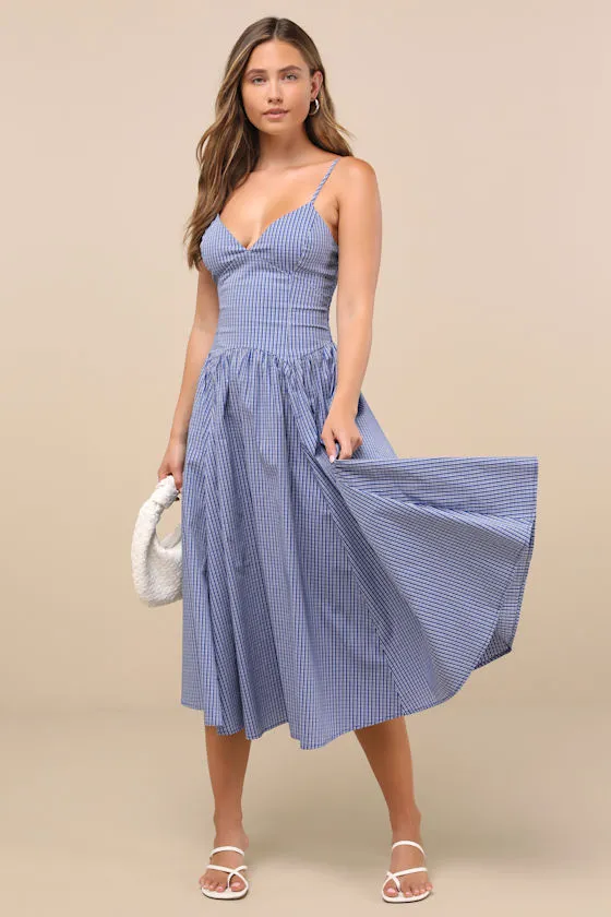Carlota Blue Gingham Sleeveless Midi Dress sold by Lulus
