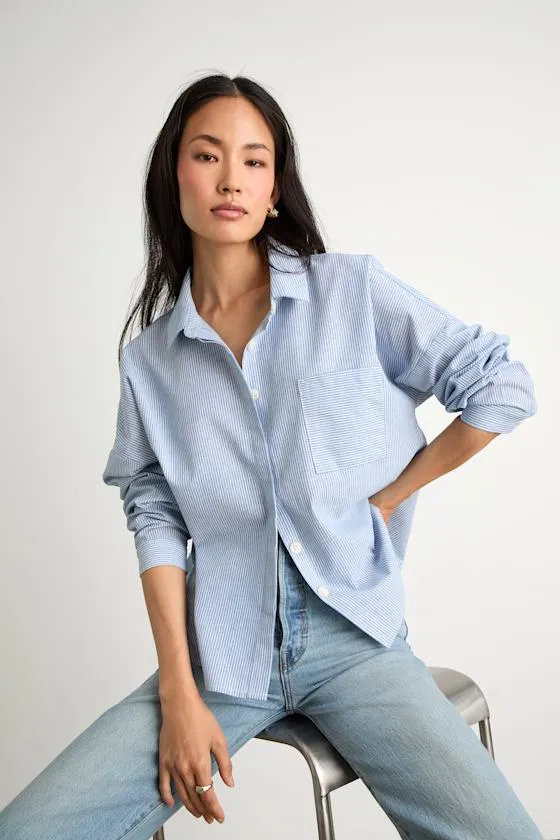 Amelia Dawn Blue Striped Long Sleeve Button-Up Top sold by Lulus