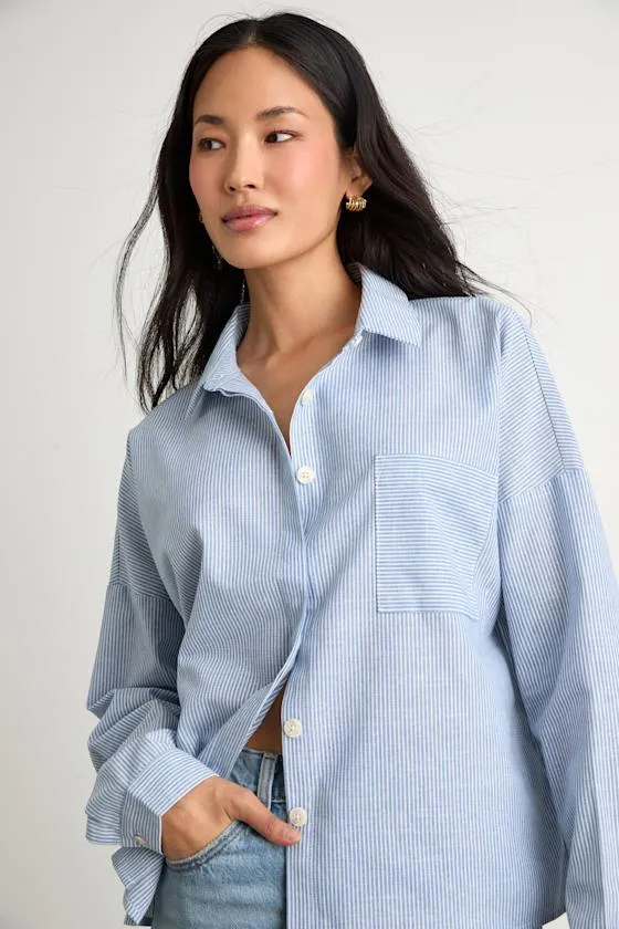 Amelia Dawn Blue Striped Long Sleeve Button-Up Top sold by Lulus product image thumbnail 3