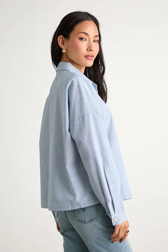 Amelia Dawn Blue Striped Long Sleeve Button-Up Top sold by Lulus product image thumbnail 4