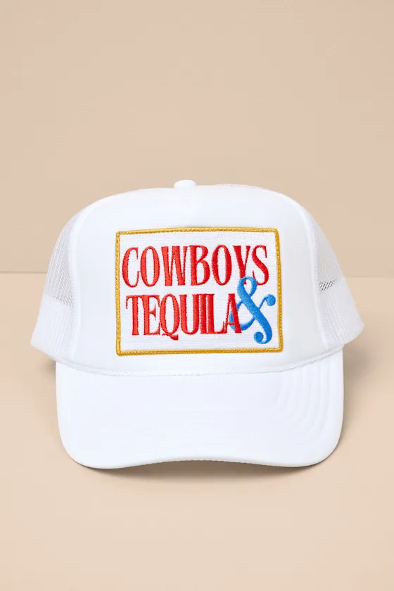 Cowboys & Tequila White Mesh Trucker Hat sold by Lulus