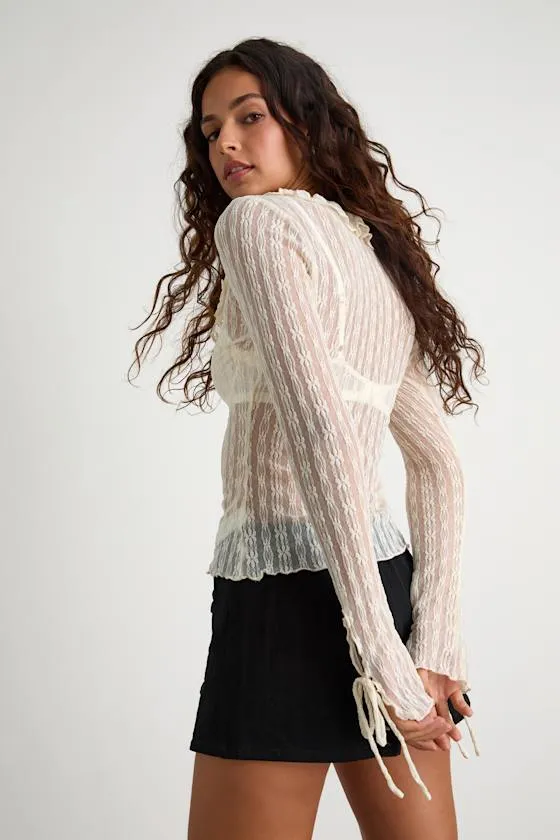 Lindley Cream Sheer Lace Ruffled Long Sleeve Top sold by Lulus product image thumbnail 3