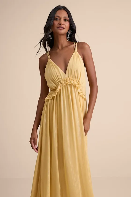 Massiel Yellow Lurex Ruffled Maxi Dress sold by Lulus