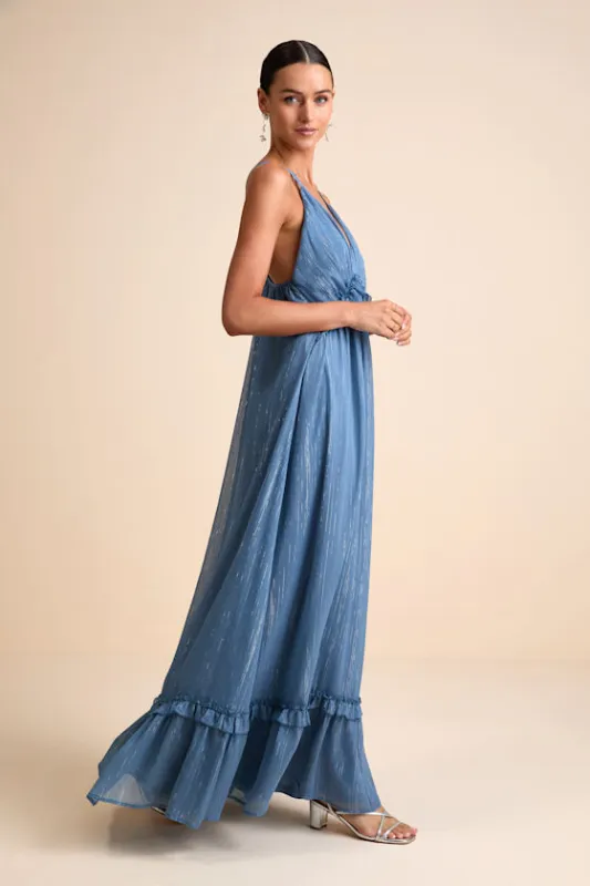 Massiel Blue Lurex Ruffled Maxi Dress made by Lulus