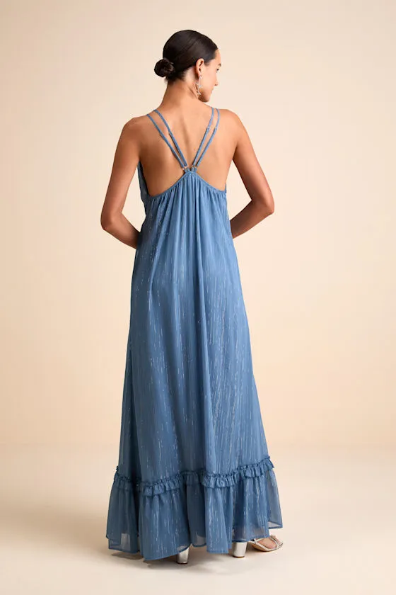 Massiel Blue Lurex Ruffled Maxi Dress sold by Lulus product image thumbnail 3