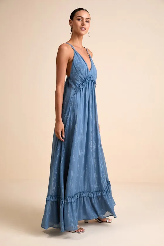 Massiel Blue Lurex Ruffled Maxi Dress sold by Lulus product image thumbnail 4