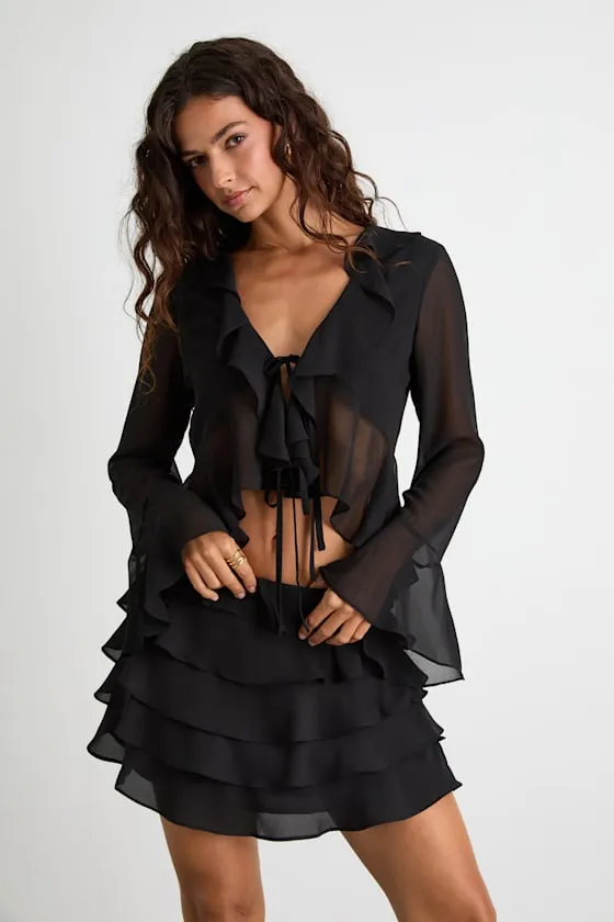 Kaisley Black Tiered Ruffled High-Rise Mini Skirt sold by Lulus