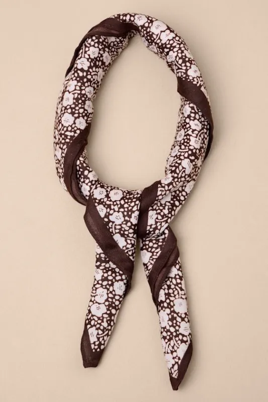 Winslie Dark Brown and Ivory Ditsy Floral Satin Scarf sold by Lulus
