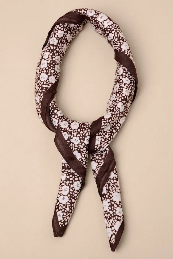 Winslie Dark Brown and Ivory Ditsy Floral Satin Scarf sold by Lulus