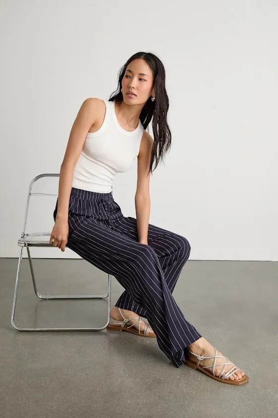 Aravah Navy Pinstriped Linen Wide-Leg Pants sold by Lulus product image thumbnail 2