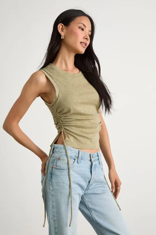 Anika Sage Burnout Ruched Tank Top sold by Lulus