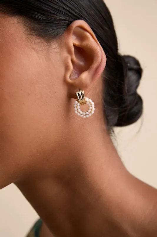 Lavine Gold Beaded Doorknocker Earrings sold by Lulus