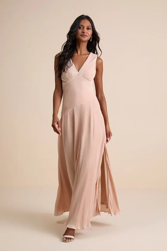 Renee Blush Satin Plisse V-Neck Maxi Dress sold by Lulus