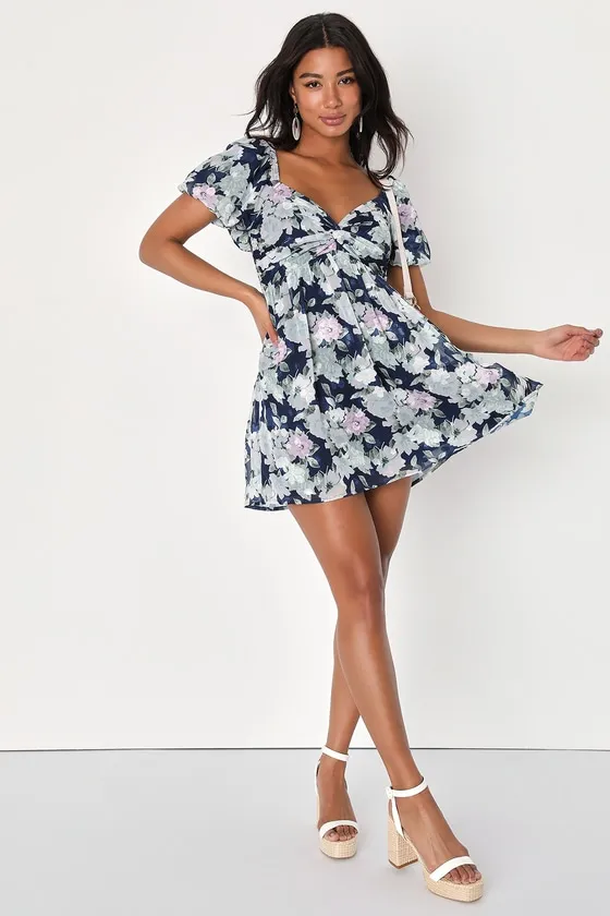 Fresh Florals Navy Blue Floral Print Puff Sleeve Mini Dress sold by Lulus