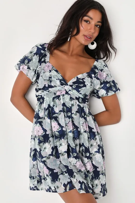 Fresh Florals Navy Blue Floral Print Puff Sleeve Mini Dress sold by Lulus product image thumbnail 3