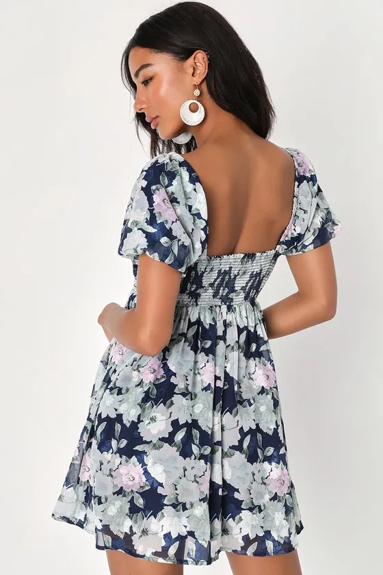 Fresh Florals Navy Blue Floral Print Puff Sleeve Mini Dress sold by Lulus product image thumbnail 4