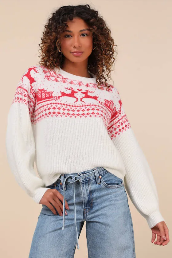 Cutest Cheer Ivory and Red Fair Isle Pullover Sweater sold by Lulus