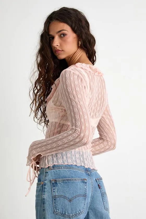 Lindley Light Pink Sheer Lace Ruffled Long Sleeve Top sold by Lulus product image thumbnail 3