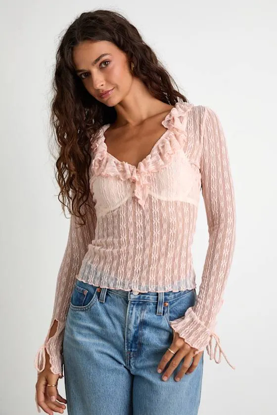 Lindley Light Pink Sheer Lace Ruffled Long Sleeve Top sold by Lulus product image thumbnail 4