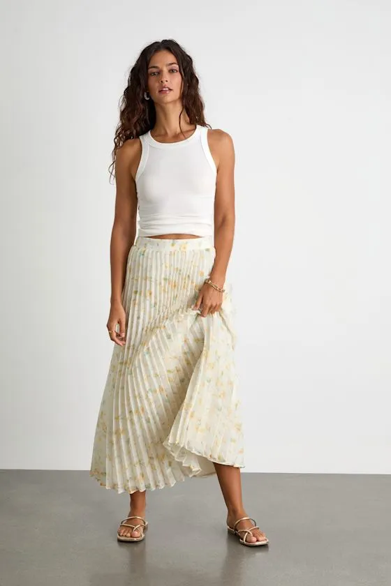 Olyana Ivory and Yellow Floral Pleated Midi Skirt sold by Lulus