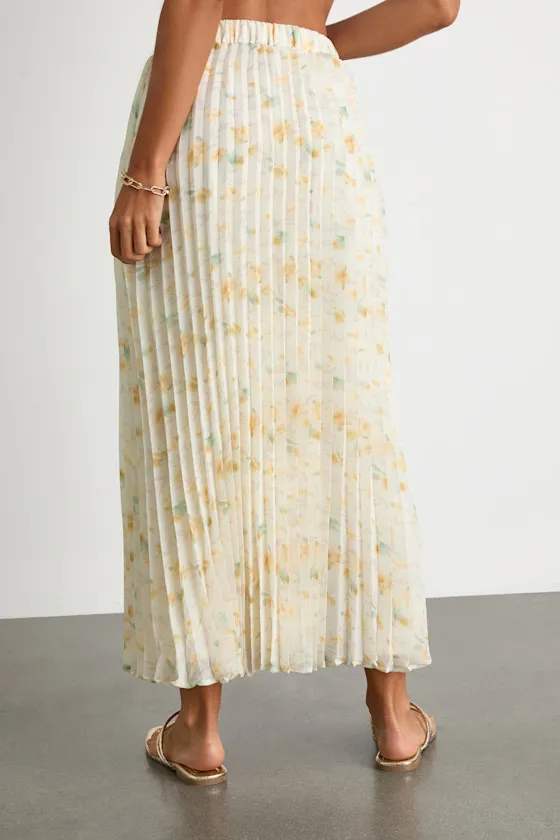 Olyana Ivory and Yellow Floral Pleated Midi Skirt sold by Lulus product image thumbnail 3