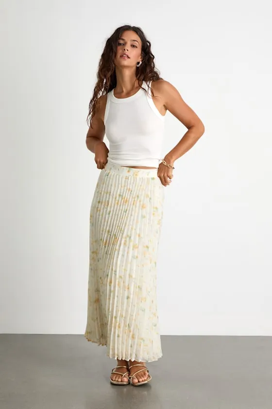 Olyana Ivory and Yellow Floral Pleated Midi Skirt sold by Lulus product image thumbnail 4