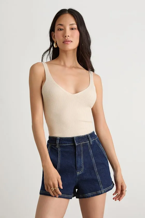 Emberlin Beige Ribbed Low-Back Sleeveless Bodysuit sold by Lulus