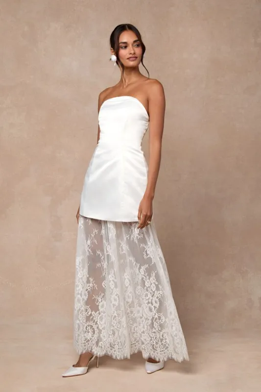Winslet White Satin Sheer Hem Strapless Maxi Dress sold by Lulus