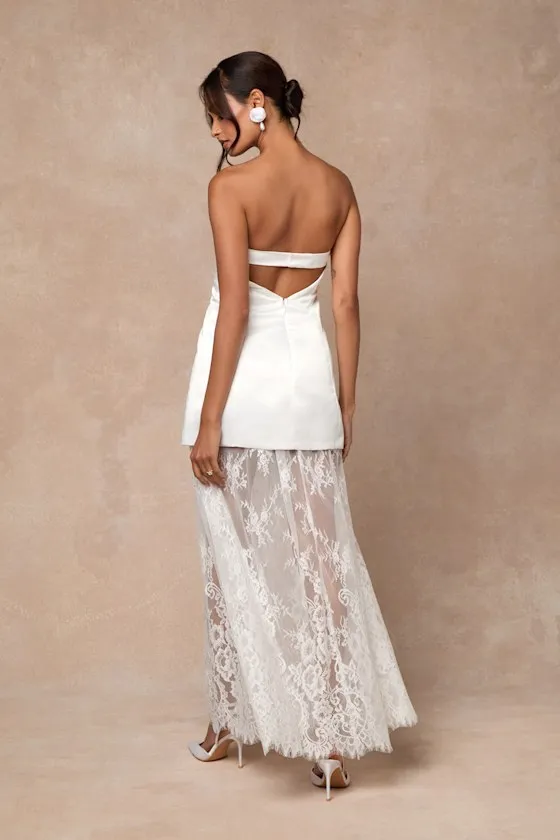 Winslet White Satin Sheer Hem Strapless Maxi Dress sold by Lulus product image thumbnail 4