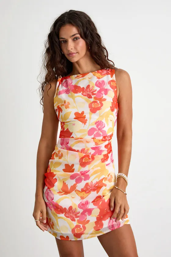 Roanes Orange Floral Boat Neck Pleated Mini Dress sold by Lulus