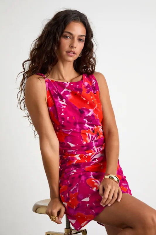 Roanes Magenta Floral Boat Neck Pleated Mini Dress sold by Lulus