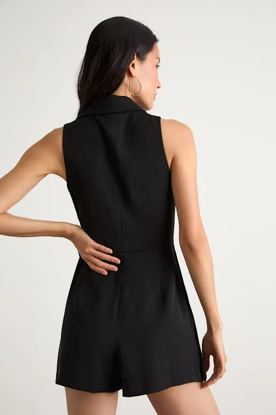 Angie Black Collared Wrap Belted Romper sold by Lulus product image thumbnail 4