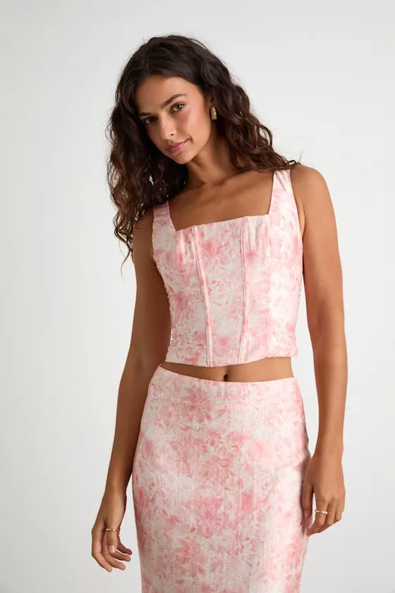 Lynelle Pink Floral Textured Sleeveless Bustier Top sold by Lulus