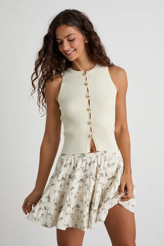 Chloe Ivory Floral Tiered Mini Skirt sold by Lulus
