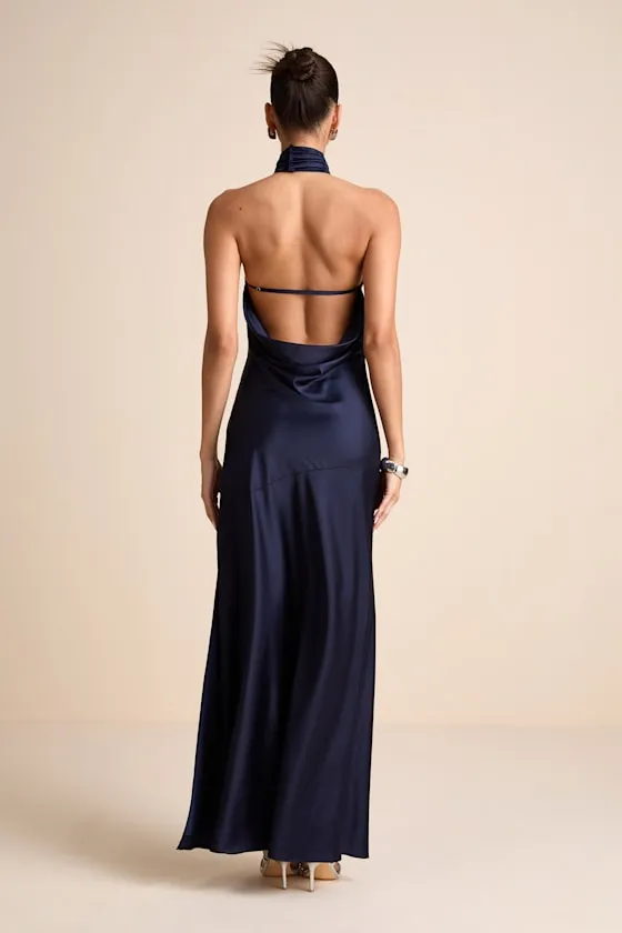 Madalena Navy Satin Cowl Back Maxi Dress sold by Lulus product image thumbnail 3