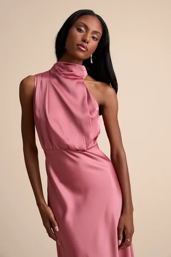 Distinctive Charm Rose Pink Satin Asymmetrical Maxi Dress sold by Lulus